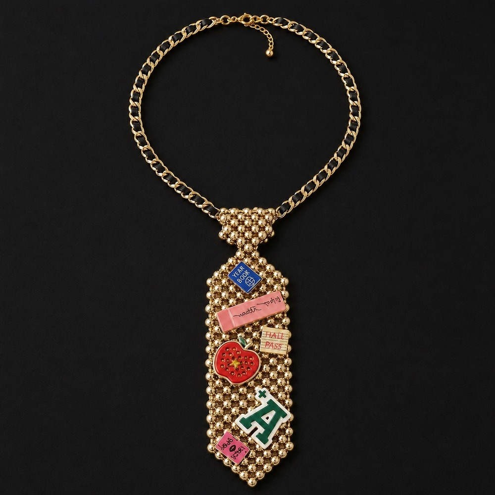 Betsey Johnson Back to School Charm Beaded Tie Necklace Gold Tone MultiColor NWT